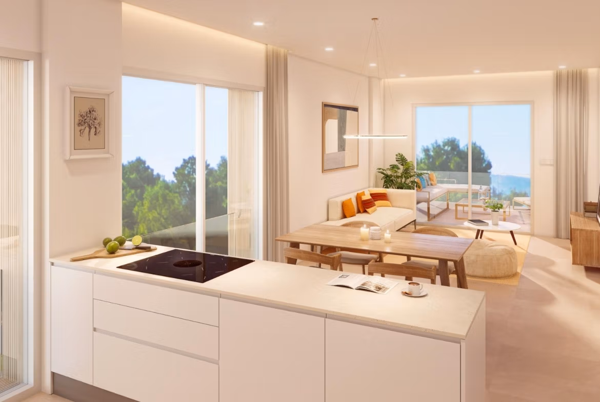 Bright open-plan kitchen and living area with panoramic garden views in a spacious 3-bedroom apartment in Pilar de la Horadada.