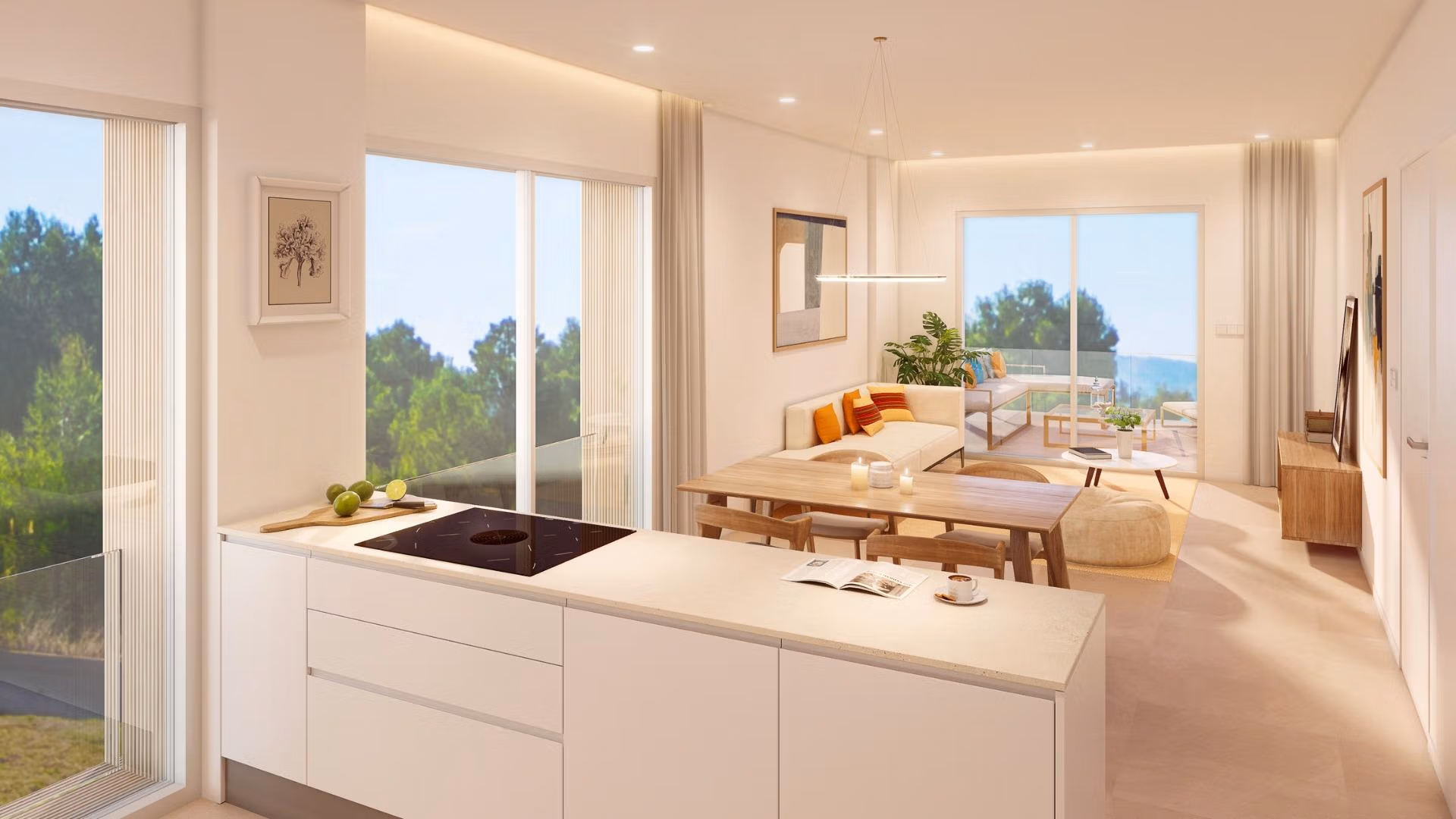 NEW-BUILD-RESIDENTIAL-COMPLEX-IN-PILAR-DE-LA-HORADADA-4 Bright open-plan kitchen and living area with panoramic garden views in a spacious 3-bedroom apartment in Pilar de la Horadada.