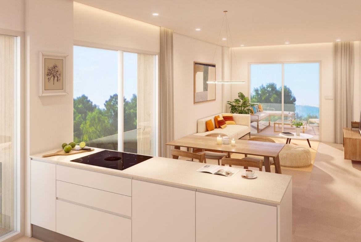 Bright open-plan kitchen and living area with modern design and garden views in a 2-bedroom penthouse in Pilar de la Horadada.