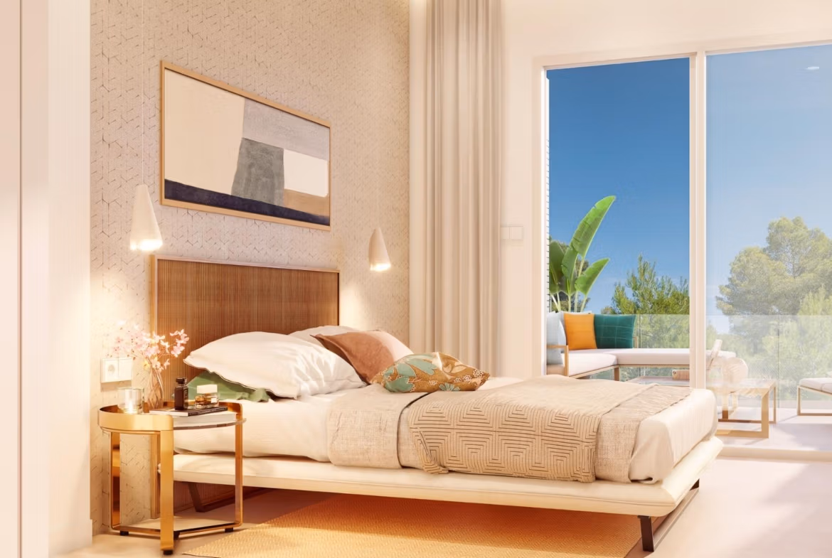 Bright and elegant bedroom with modern decor and terrace overlooking lush greenery in spacious 3-bedroom apartment in Pilar de la Horadada