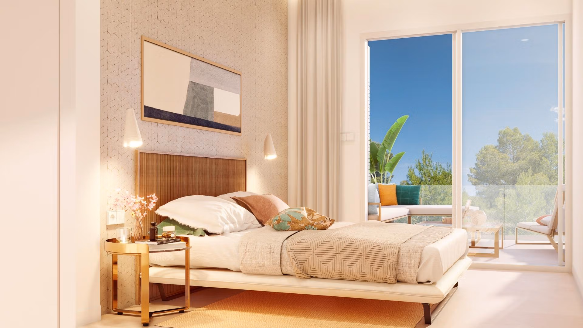 NEW-BUILD-RESIDENTIAL-COMPLEX-IN-PILAR-DE-LA-HORADADA-5 Bright and elegant bedroom with modern decor and terrace overlooking lush greenery in spacious 3-bedroom apartment in Pilar de la Horadada
