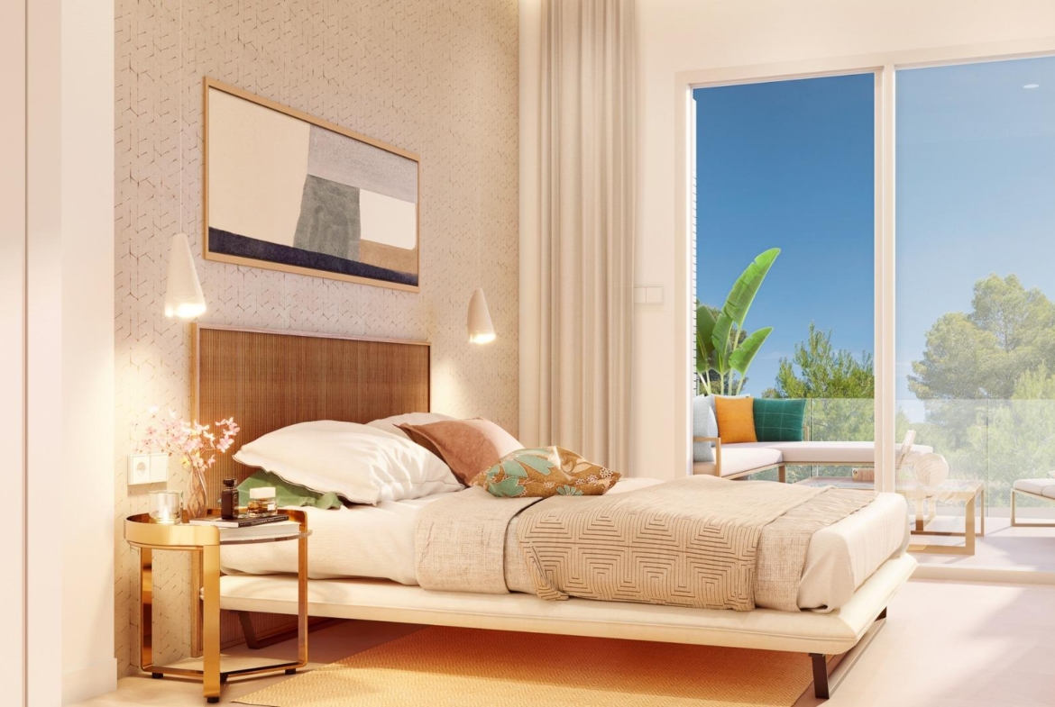 Bright and elegant 2-bedroom penthouse bedroom with soft natural light and access to a lush terrace in Pilar de la Horadada.