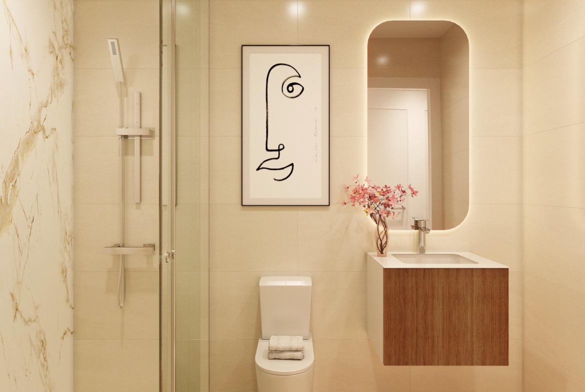 Elegant modern bathroom with glass shower and minimalist vanity in luxury 2 bedroom penthouse in Pilar de la Horadada