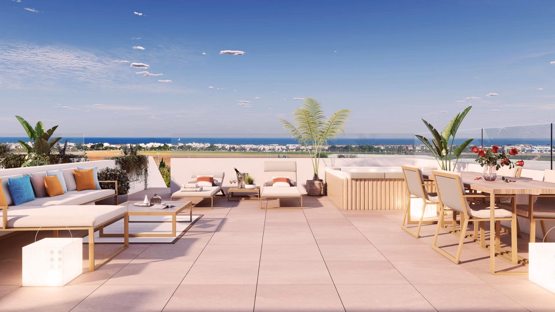 NEW-BUILD-RESIDENTIAL-COMPLEX-IN-PILAR-DE-LA-HORADADA-7 Sun-drenched spacious terrace with modern lounge, dining area, and panoramic sea views in luxury 3-bedroom apartment in Pilar de la Horadada
