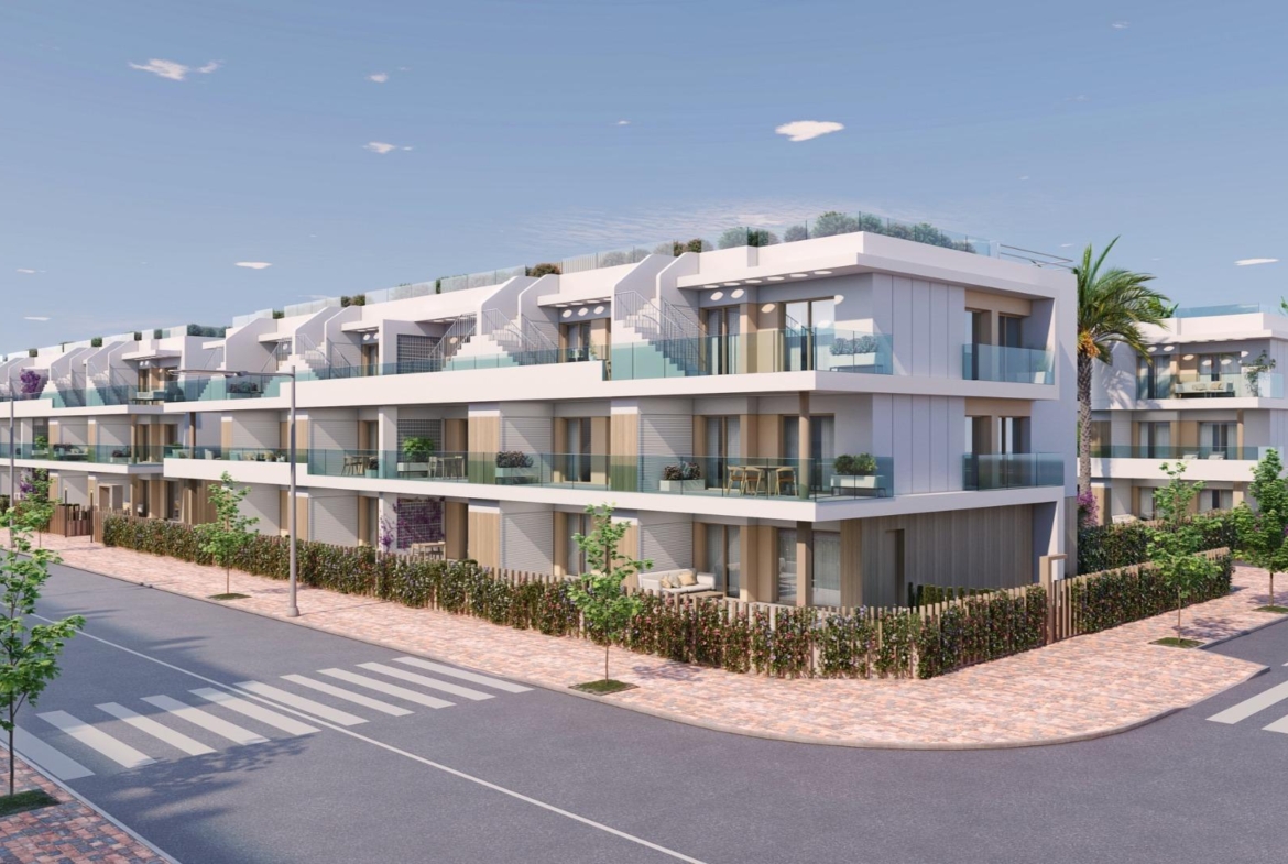 Modern luxury 2-bedroom penthouse with expansive terraces and lush landscaping in Pilar de la Horadada development.