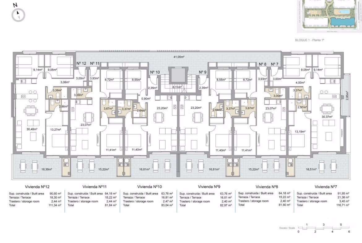 Detailed floor plan showcasing spacious, modern 3-bedroom apartment layout in Pilar de la Horadada with terraces and communal pool access.