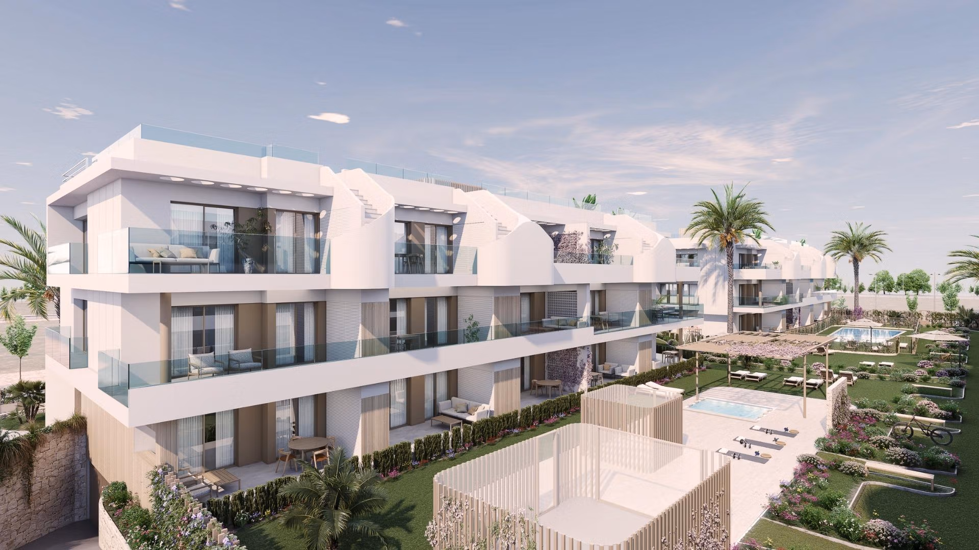 COMPLESSO RESIDENZIALE DI NUOVA COSTRUZIONE A PILAR DE LA HORADADA Moderno e ampio complesso di appartamenti con 3 camere da letto a Pilar de la Horadada, con terrazze baciate dal sole ed elegante zona piscina condominiale.