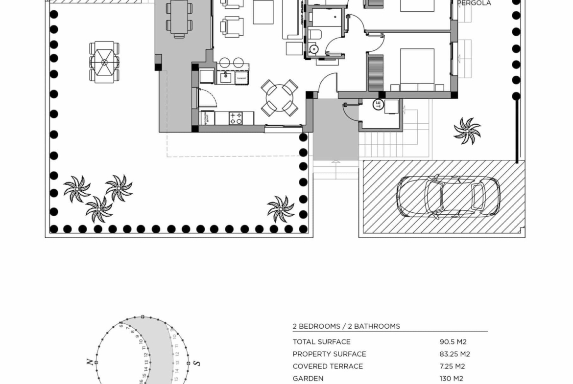 Spacious modern 2-bedroom ground floor bungalow floor plan with open living, dining, terrace, garden, and parking in Doña Pepa, Rojales