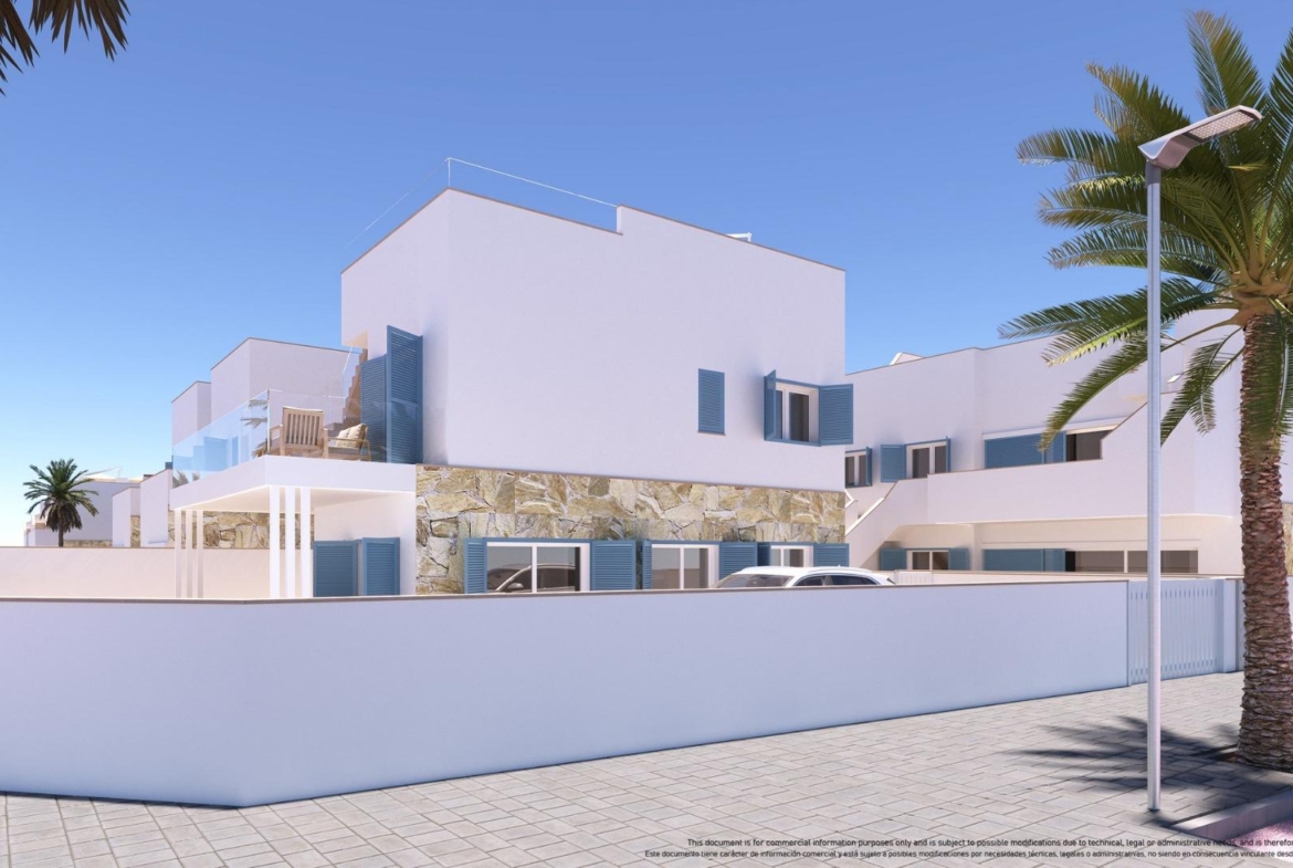 NEW-BUILD-RESIDENTIAL-COMPLEX-IN-TORRE-DE-LA-HORADADA-15 Modern white 3-bedroom top floor apartment in Torre de la Horadada with spacious terrace, stone accents, and blue shutters under clear skies.