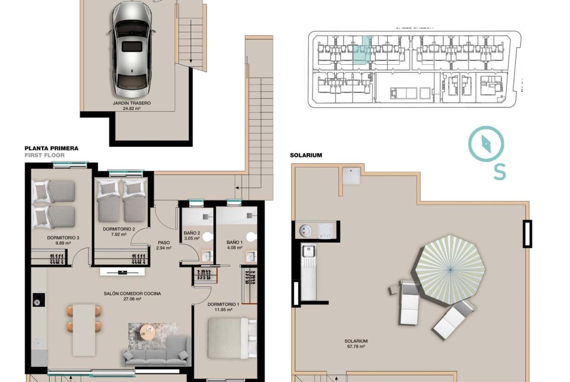 NEW-BUILD-RESIDENTIAL-COMPLEX-IN-TORRE-DE-LA-HORADADA-22 Detailed floor plan of a modern 3-bedroom top floor apartment with spacious solarium and terrace in Torre de la Horadada.