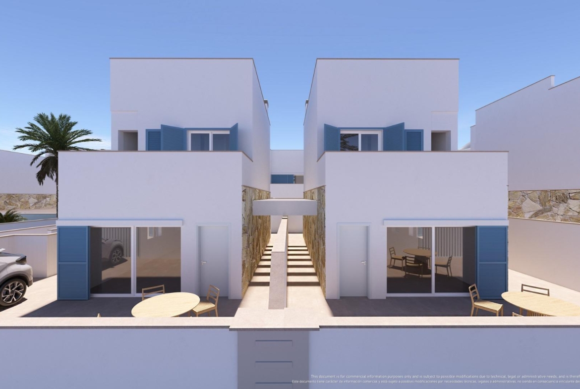 NEW-BUILD-RESIDENTIAL-COMPLEX-IN-TORRE-DE-LA-HORADADA-24 Modern, sunlit 3 bedroom top floor apartment exterior in Torre de la Horadada with spacious terraces and blue shutters.