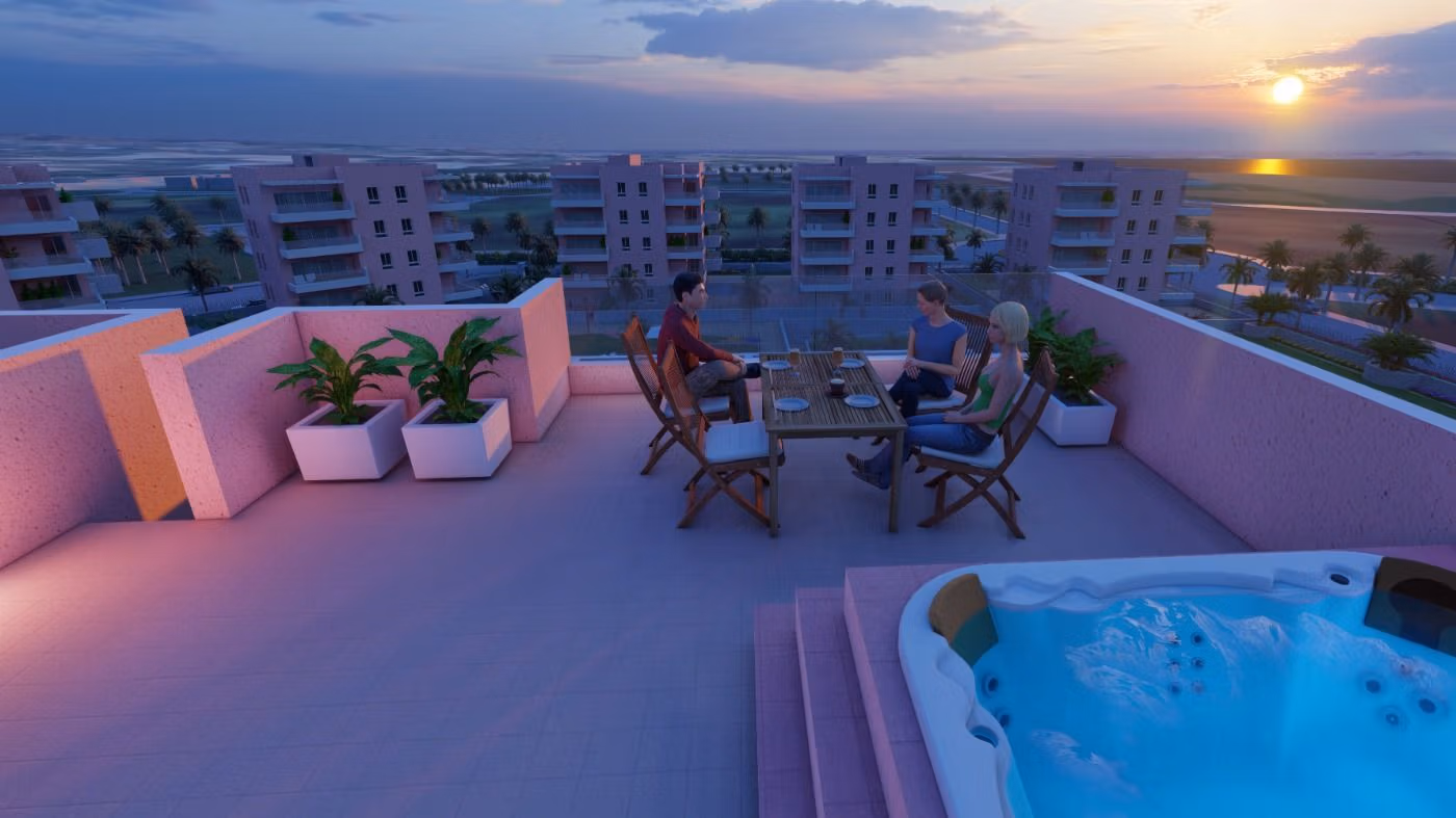 Sun-drenched solarium terrace with jacuzzi and panoramic views at luminous 3-bedroom penthouse in El Raso, Guardamar del Segura.