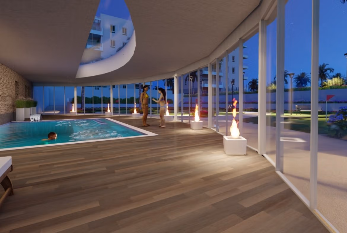 Modern indoor pool area with sleek wood flooring and glass walls in a luxury 3-bedroom ground floor apartment, El Raso, Guardamar del Segura.