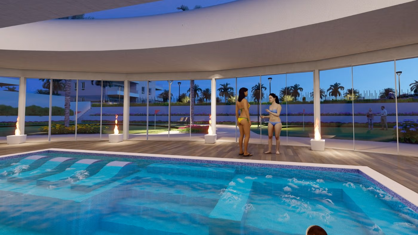 Sun-drenched private indoor pool with modern glass walls in luminous 3-bedroom penthouse with solarium in El Raso, Guardamar del Segura.