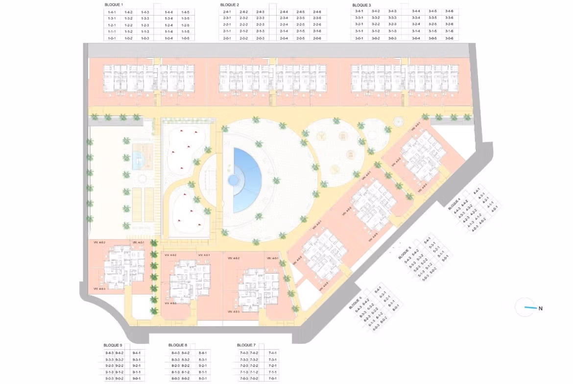 Spacious site layout showcasing landscaped gardens and pool area for luminous new build 3 bedroom penthouse in El Raso, Guardamar del Segura