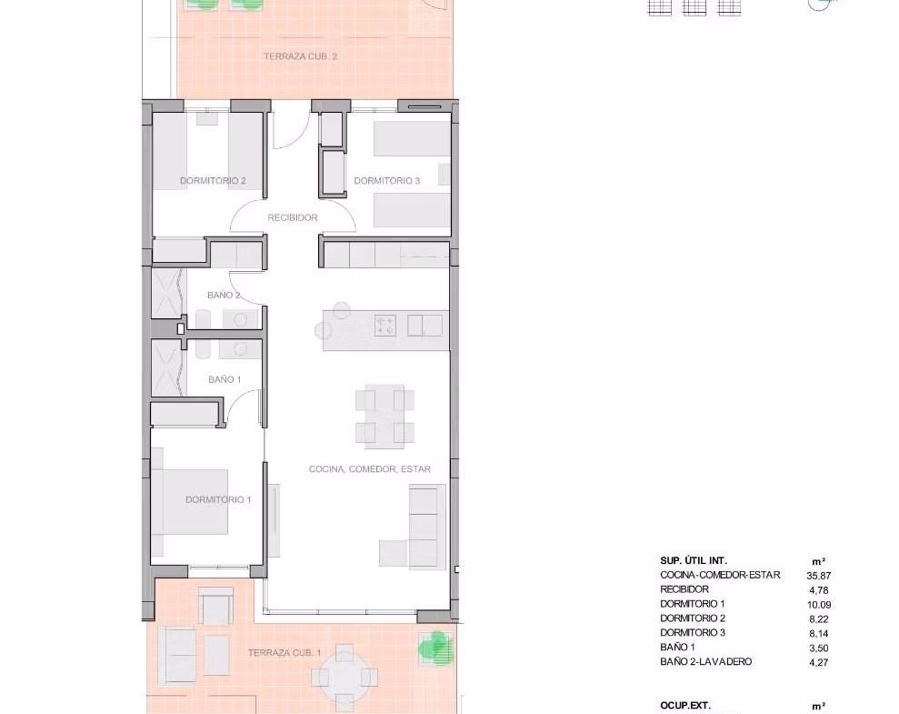 Spacious floor plan of a modern 3-bedroom ground floor apartment with private terraces in El Raso, Guardamar del Segura