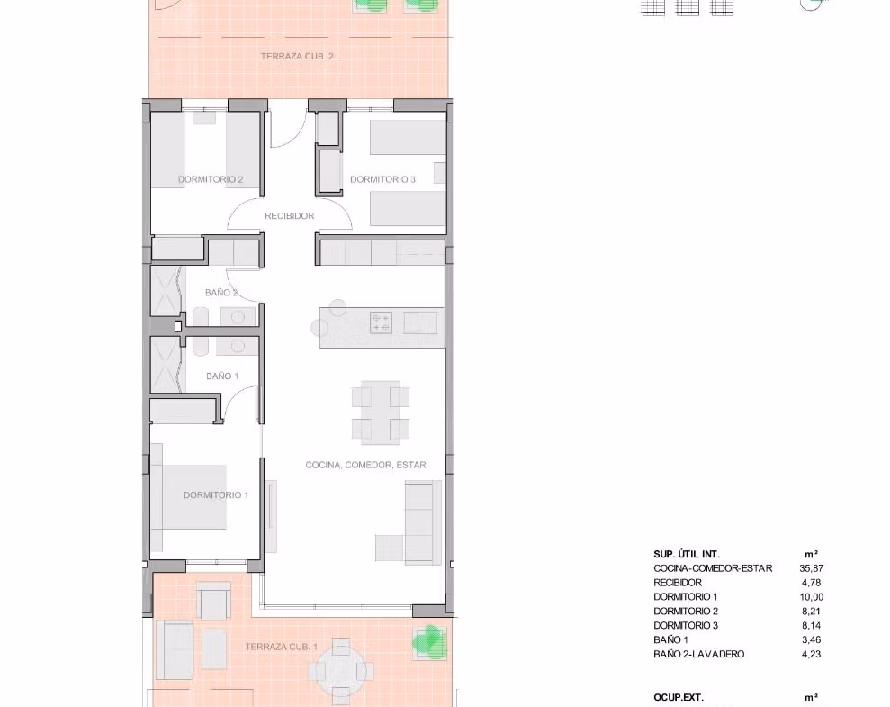 Bright and spacious 3-bedroom ground floor apartment floor plan with private terraces and garden in El Raso, Guardamar del Segura.