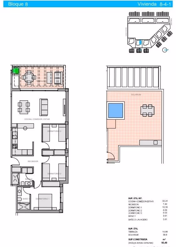 Modern floor plan of luminous 3-bedroom penthouse with spacious solarium in El Raso, Guardamar del Segura, featuring open-plan living.