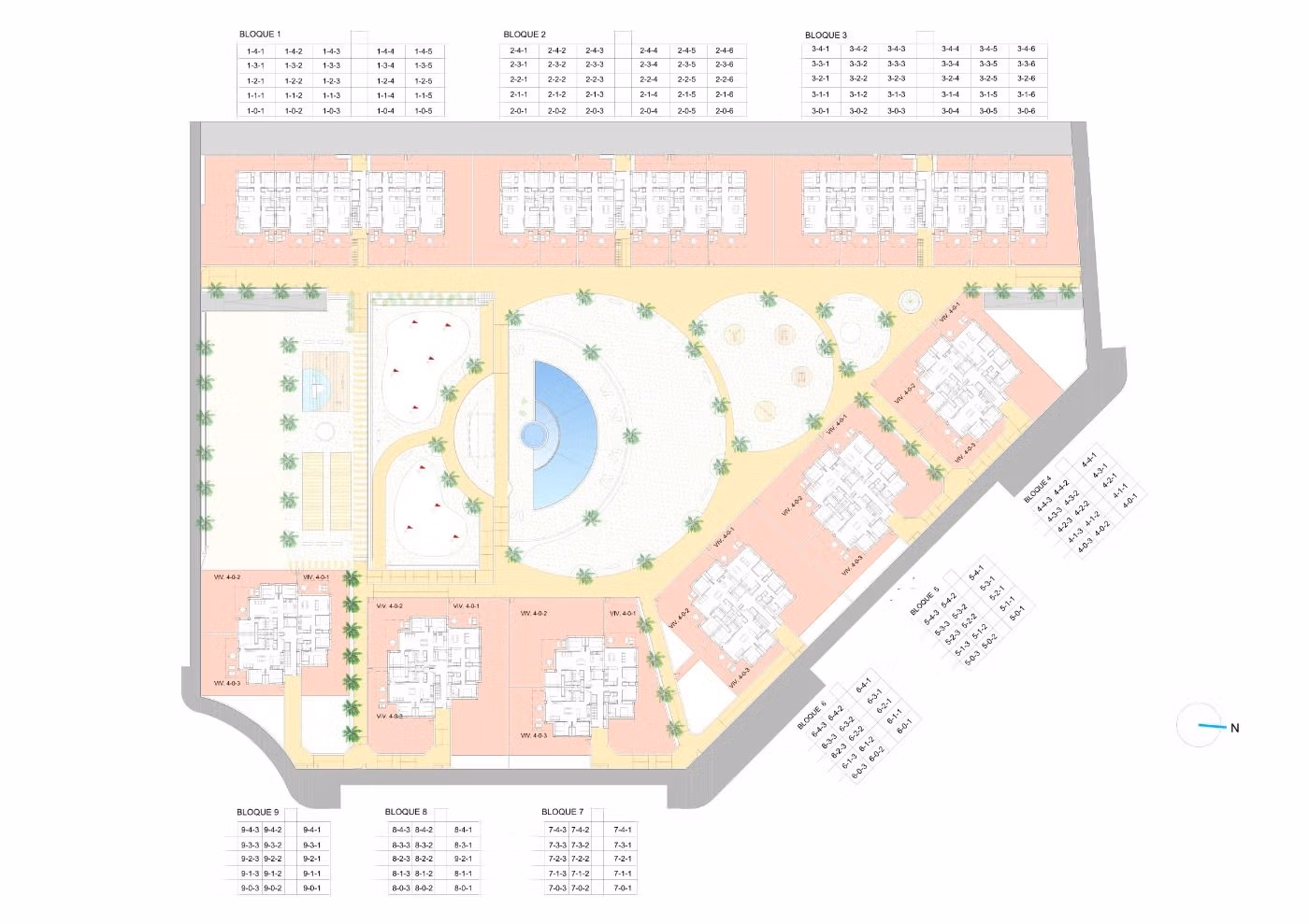 Detailed site plan showing layout of modern 3-bedroom ground floor apartments with landscaped gardens in El Raso, Guardamar del Segura.