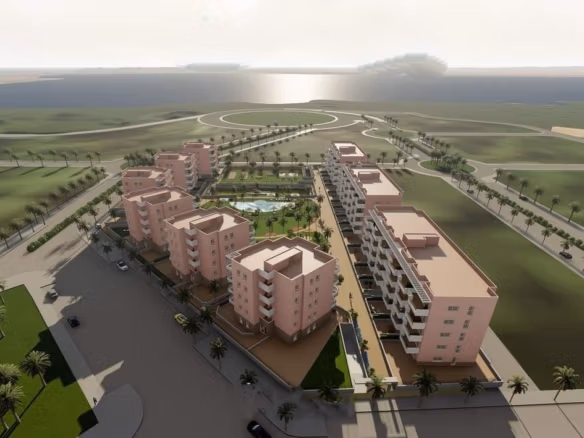 Sun-drenched modern penthouse complex with landscaped gardens and pool, offering panoramic coastal views in El Raso, Guardamar del Segura.