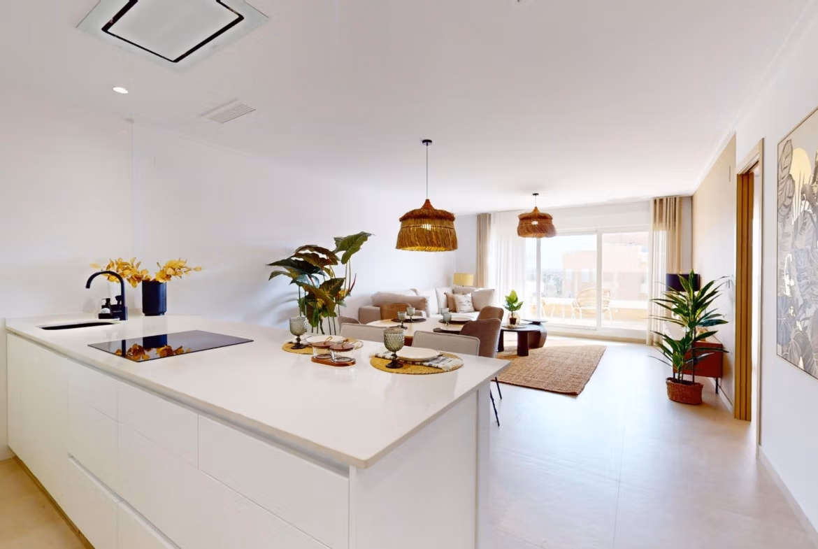 Bright modern open-plan kitchen and living area in luxurious 3-bedroom penthouse with solarium in El Raso, Guardamar del Segura.