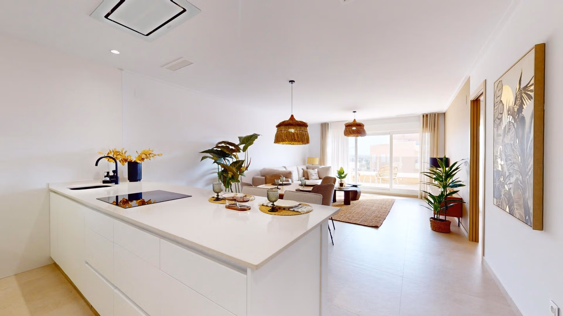 Bright modern open-plan kitchen and living area in luxurious 3-bedroom penthouse with solarium in El Raso, Guardamar del Segura.