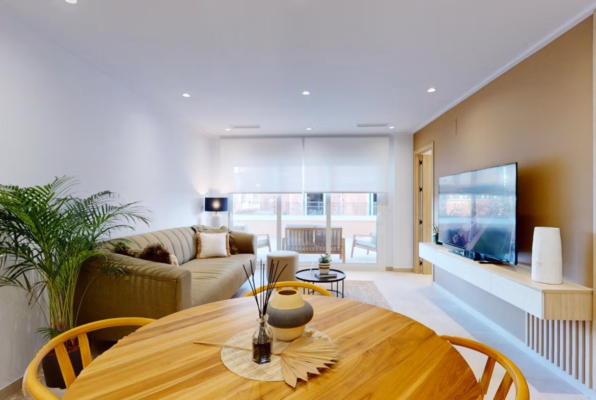 Bright, modern living room in a new build 3-bedroom ground floor apartment with private garden in El Raso, Guardamar del Segura.