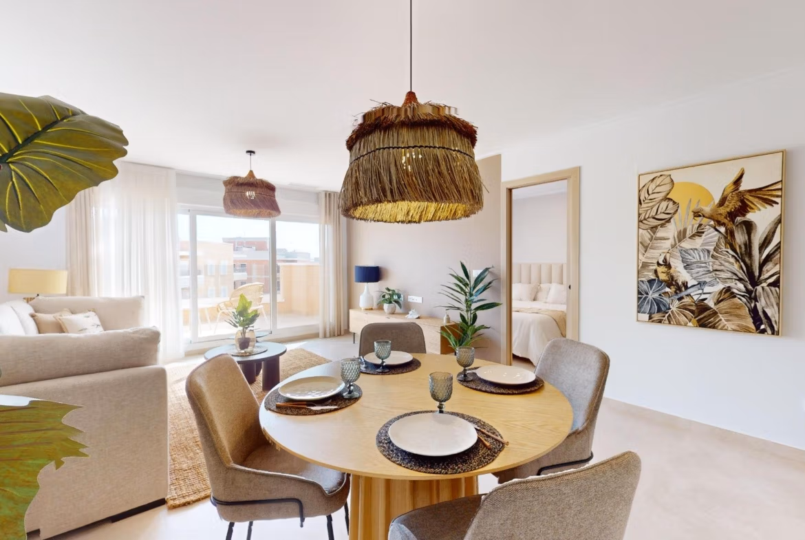 Bright open-plan dining and living area with modern decor in a new build 3-bedroom penthouse in El Raso, Guardamar del Segura.