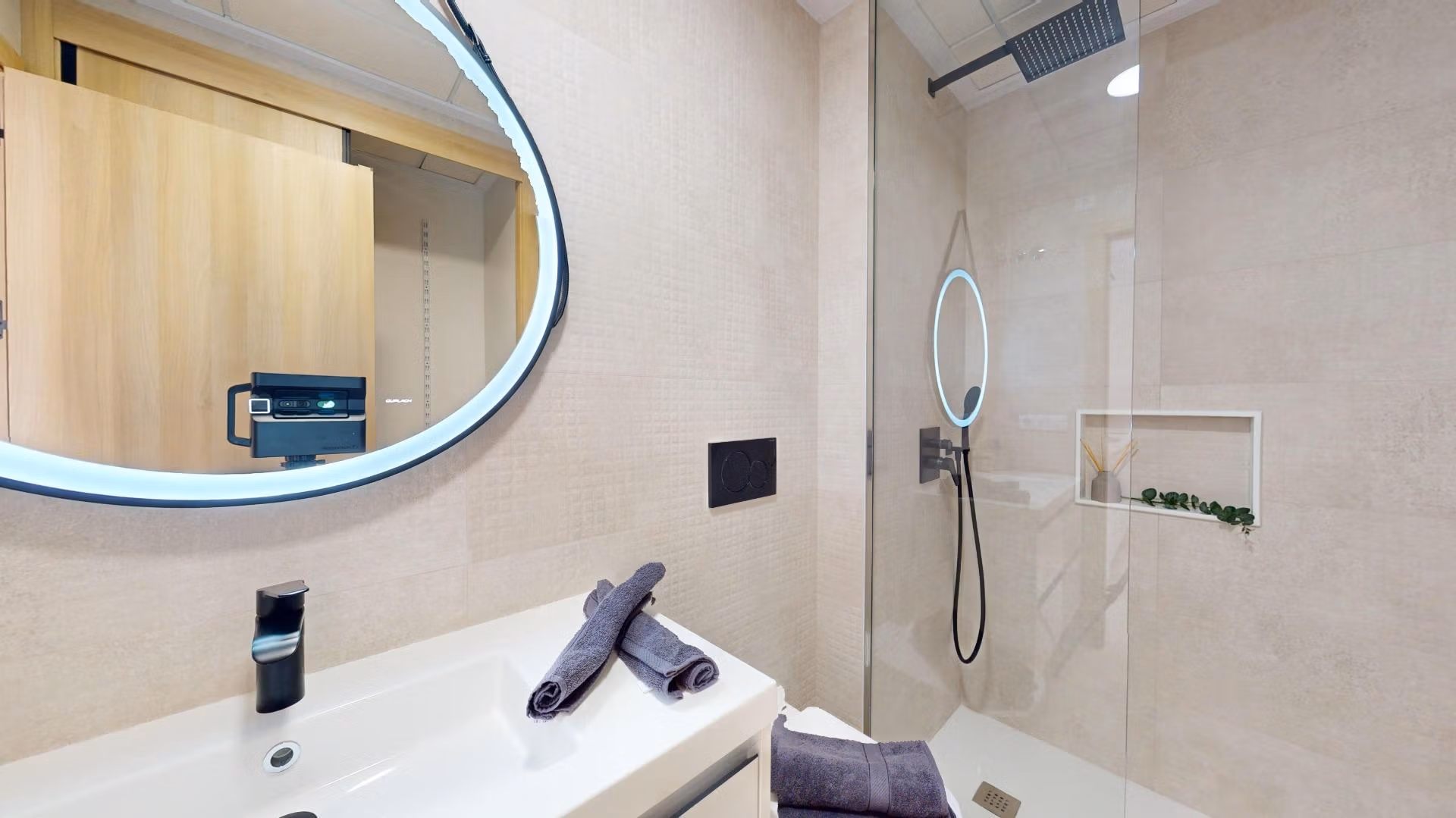 Modern, sleek bathroom with illuminated mirror and walk-in shower in luminous 3-bedroom penthouse, El Raso, Guardamar del Segura