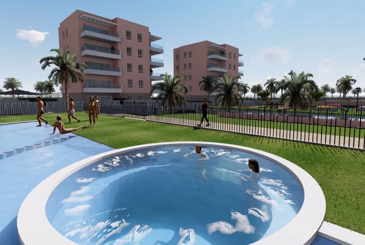 Modern ground floor 3-bedroom apartment with landscaped private garden and shared pool in sunny El Raso, Guardamar del Segura