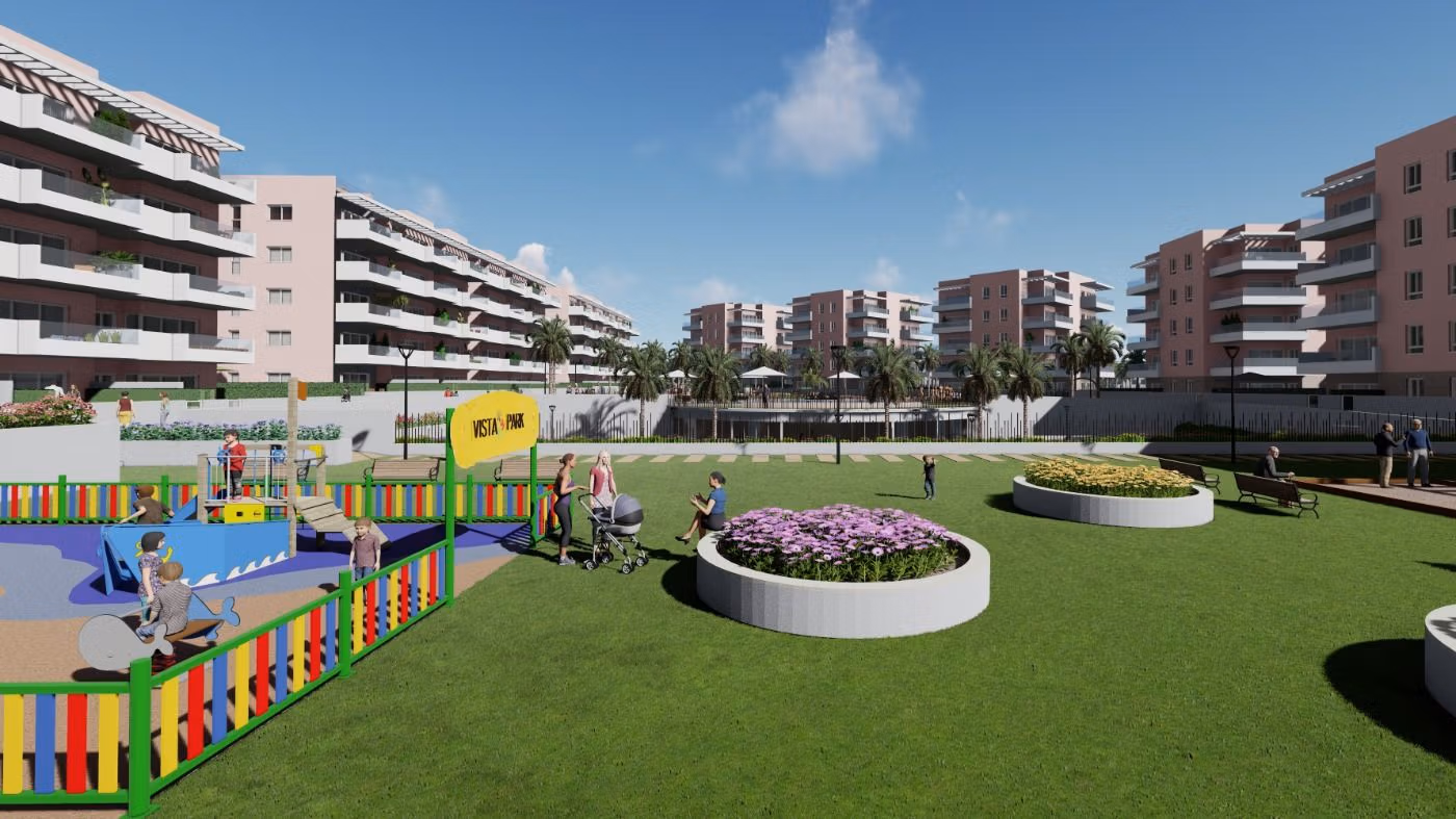 Spacious landscaped communal green area with modern playground in a luminous new build penthouse complex in El Raso, Guardamar del Segura