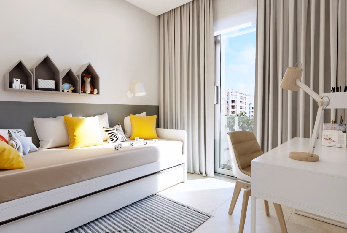 NEW-BUILD-RESIDENTIAL-IN-GUARDAMAR-DEL-SEGURA-10 Bright and modern bedroom with cozy sofa bed and workspace in sought-after 2-bedroom apartment near Guardamar del Segura beach.