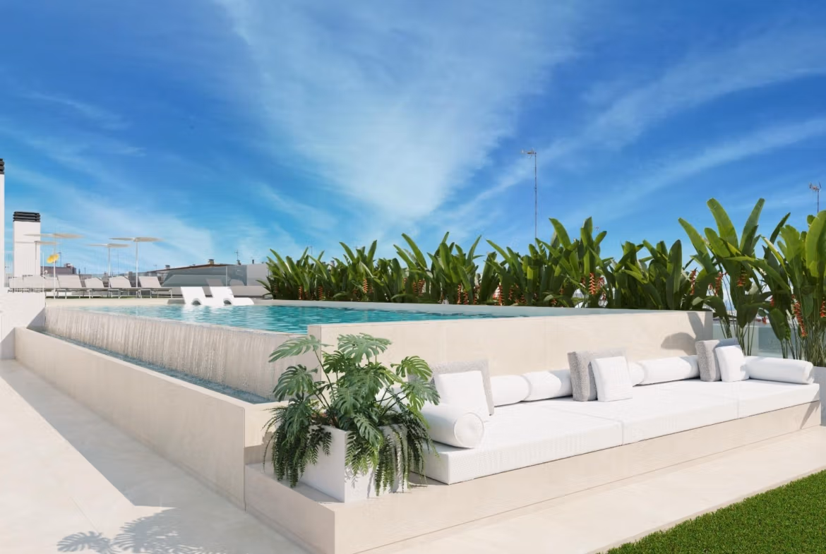 NEW-BUILD-RESIDENTIAL-IN-GUARDAMAR-DEL-SEGURA-12 Modern luxury 2-bedroom apartment in Guardamar del Segura with a sun-drenched rooftop infinity pool and lush greenery.