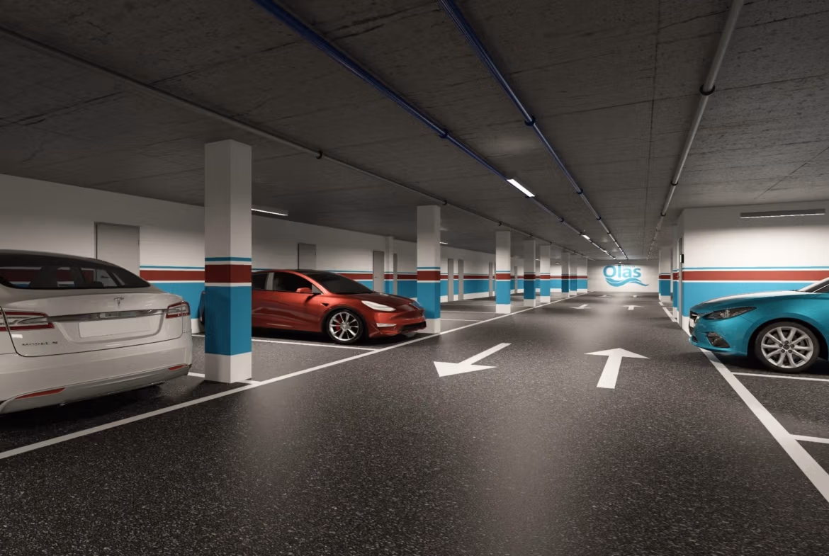 NEW-BUILD-RESIDENTIAL-IN-GUARDAMAR-DEL-SEGURA-15 Contemporary underground parking area with sleek finishes for the new 2 bedroom apartment in Guardamar del Segura, near the beach.