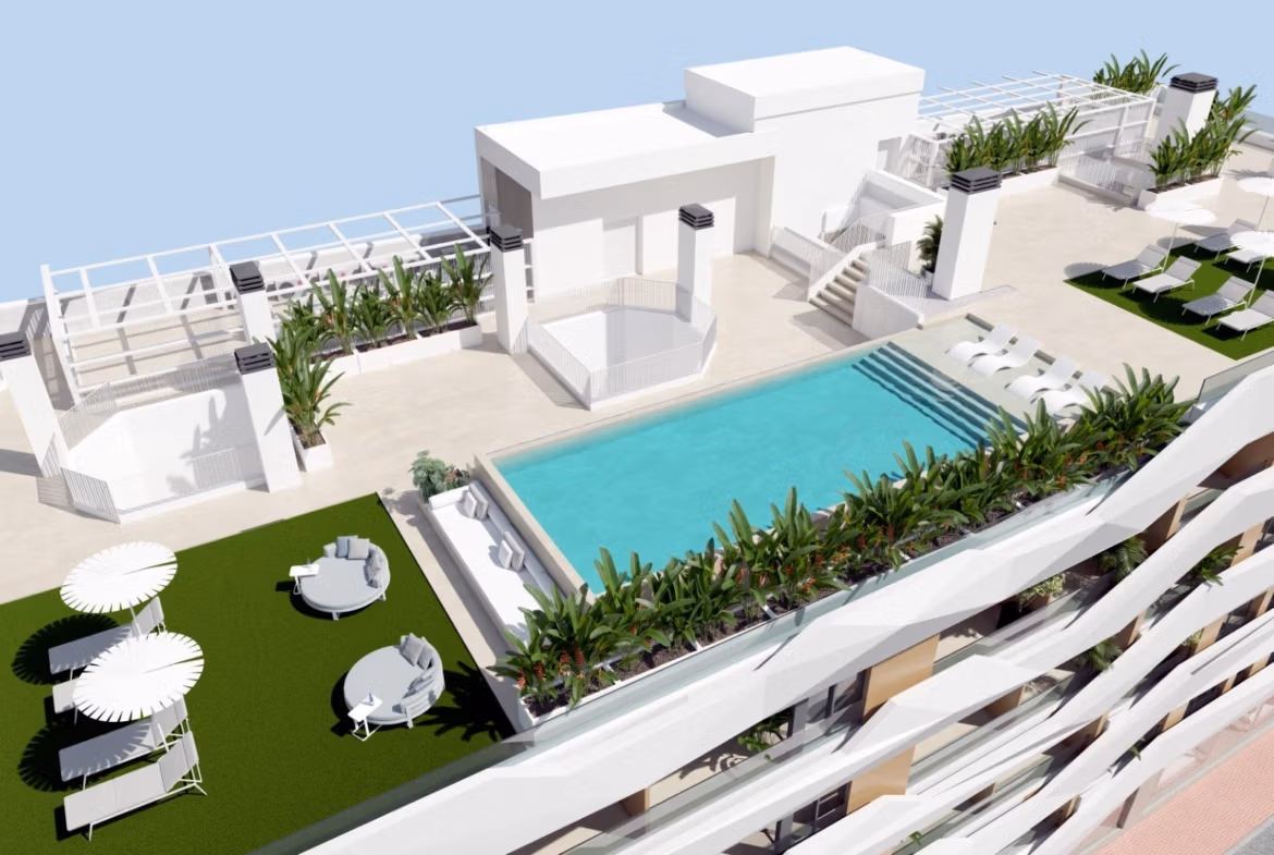 NEW-BUILD-RESIDENTIAL-IN-GUARDAMAR-DEL-SEGURA-17 Modern luxury 2-bedroom apartment in Guardamar del Segura featuring a sun-drenched rooftop terrace with pool and landscaped lounge areas.