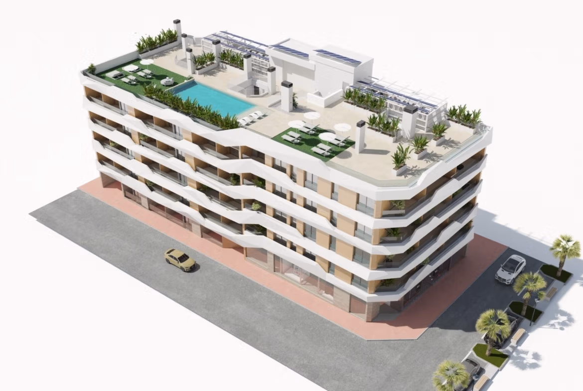 NEW-BUILD-RESIDENTIAL-IN-GUARDAMAR-DEL-SEGURA-18 Modern luxury 2-bedroom apartment building in Guardamar del Segura with sun-drenched rooftop pool and landscaped terrace.