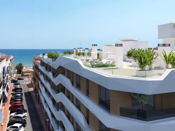 Modern new build 2-bedroom apartment in Guardamar del Segura featuring a bright rooftop terrace with sea views, 100m from the beach.