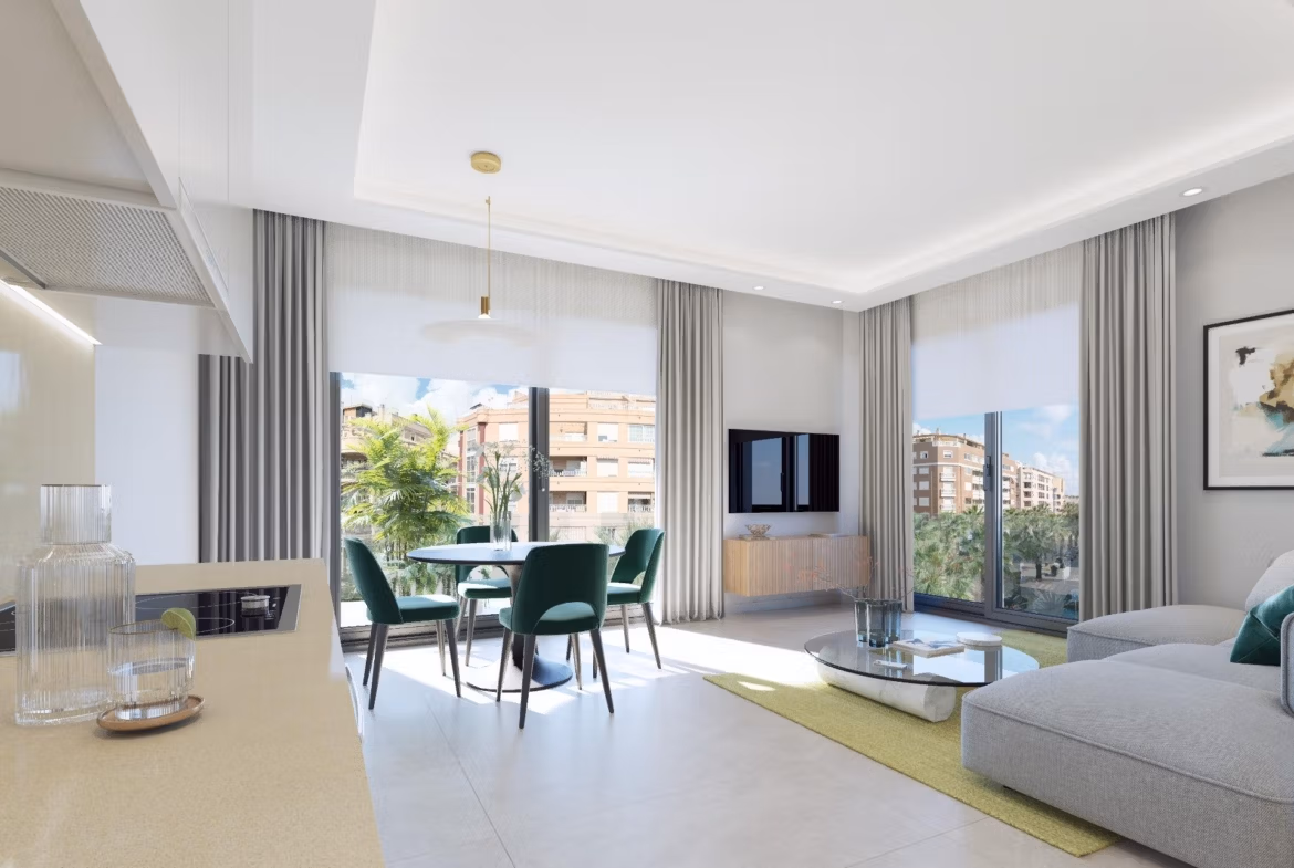 NEW-BUILD-RESIDENTIAL-IN-GUARDAMAR-DEL-SEGURA-3 Bright modern living and dining area with large windows in a 2-bedroom apartment near the beach in Guardamar del Segura.