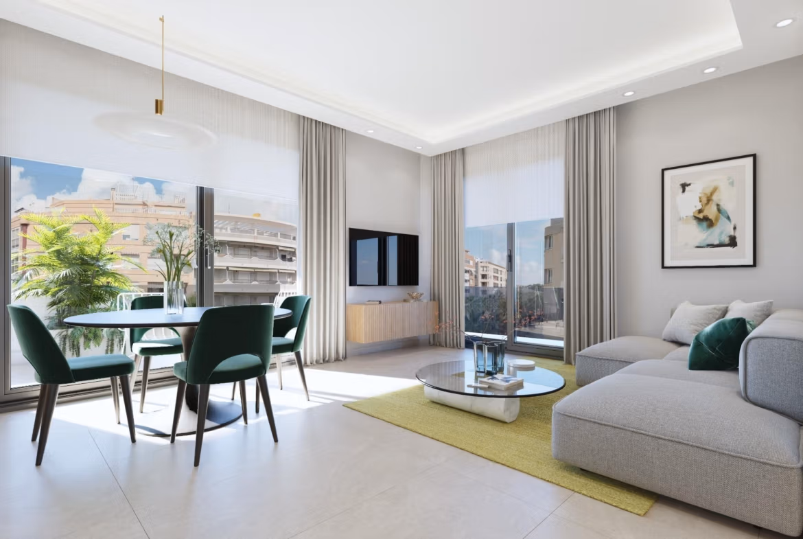 NEW-BUILD-RESIDENTIAL-IN-GUARDAMAR-DEL-SEGURA-4 Bright, modern living and dining area with floor-to-ceiling windows in a stylish 2-bedroom apartment in Guardamar del Segura, near the beach.