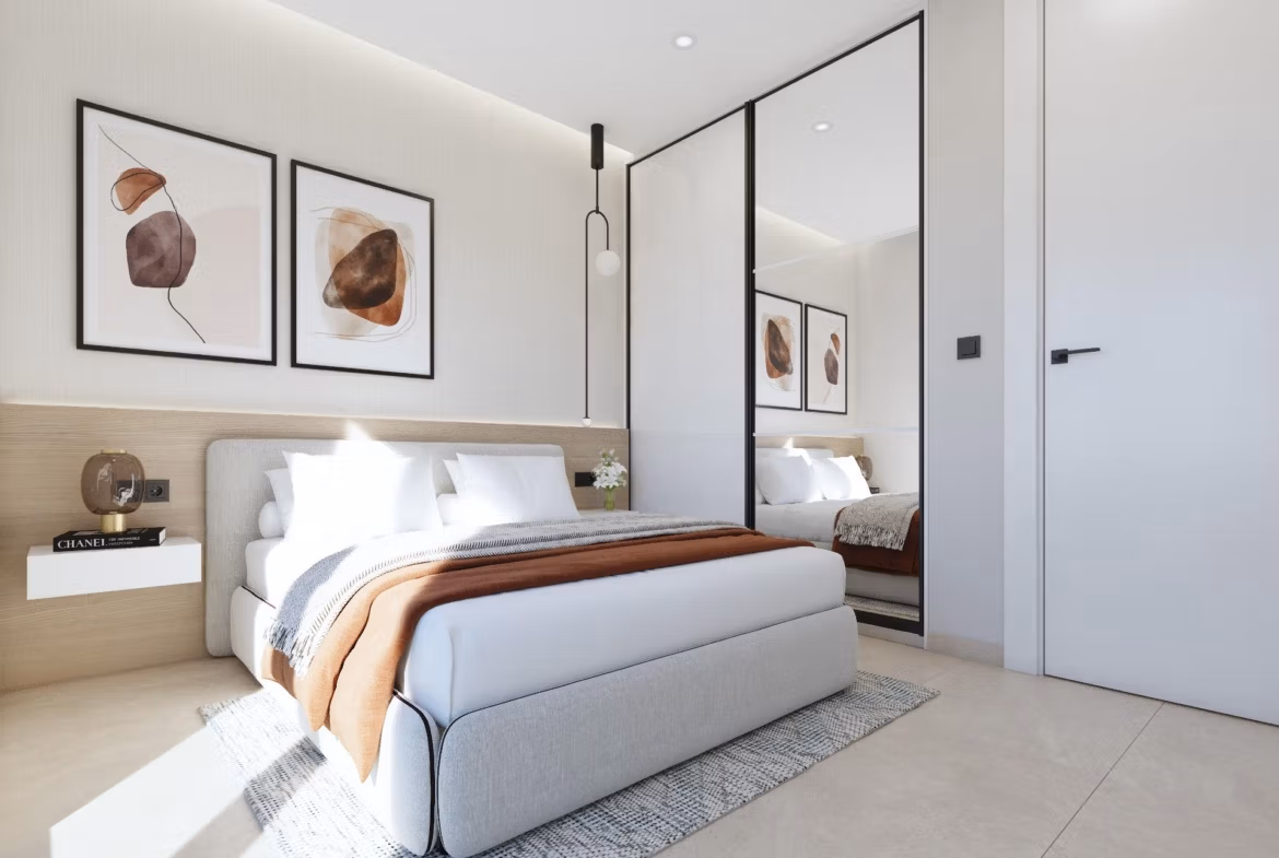 NEW-BUILD-RESIDENTIAL-IN-GUARDAMAR-DEL-SEGURA-7 Bright, modern bedroom with elegant minimalist decor in a new 2-bedroom apartment near the beach in Guardamar del Segura.