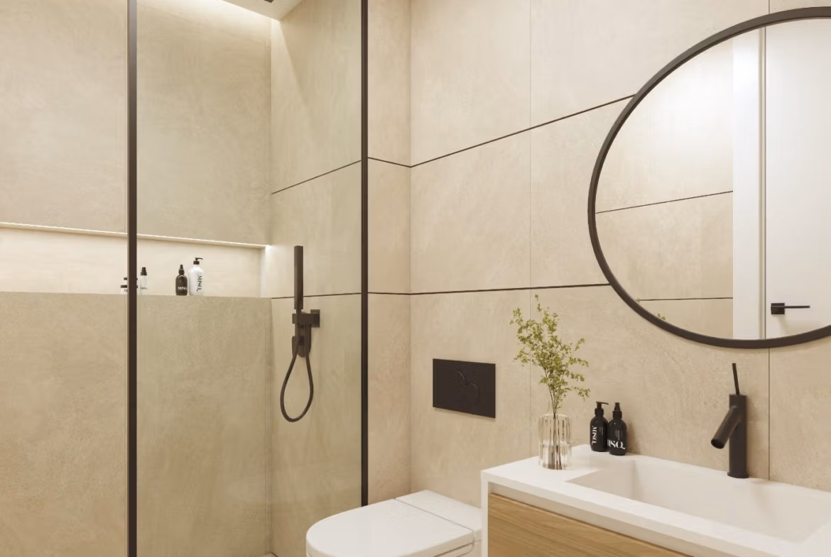 NEW-BUILD-RESIDENTIAL-IN-GUARDAMAR-DEL-SEGURA-8 Modern, elegant bathroom with walk-in shower and sleek fixtures in a new 2-bedroom apartment near the beach in Guardamar del Segura