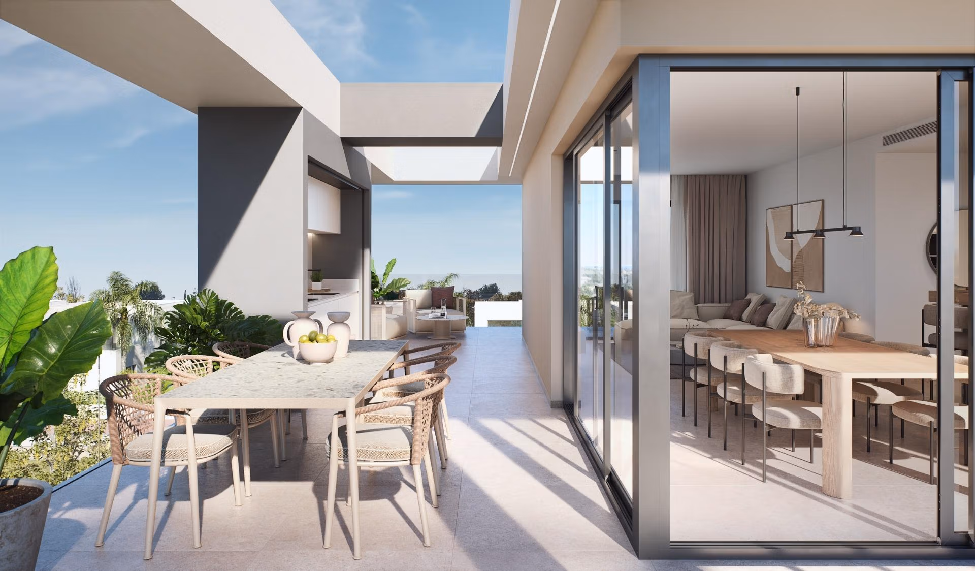 NEW-BUILD-RESIDENTIAL-IN-PRIVATE-GATED-RESORT-IN-PROVINCE-OF-MURCIA-1 Sun-drenched modern terrace with elegant dining area and lush plants in 3-bedroom penthouse at Santa Rosalía Lake and Life Resort