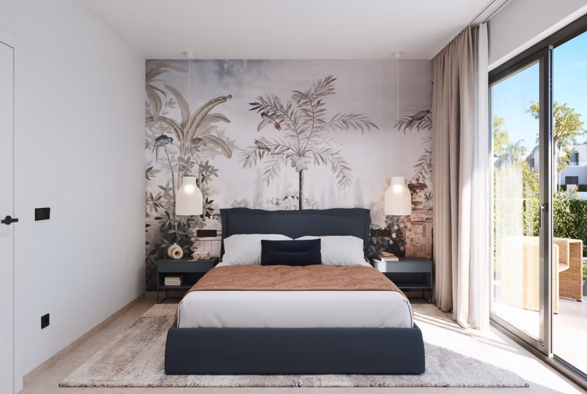 Bright and elegant bedroom in a 3-bedroom penthouse at Santa Rosalía Lake and Life Resort with garden views and modern decor.