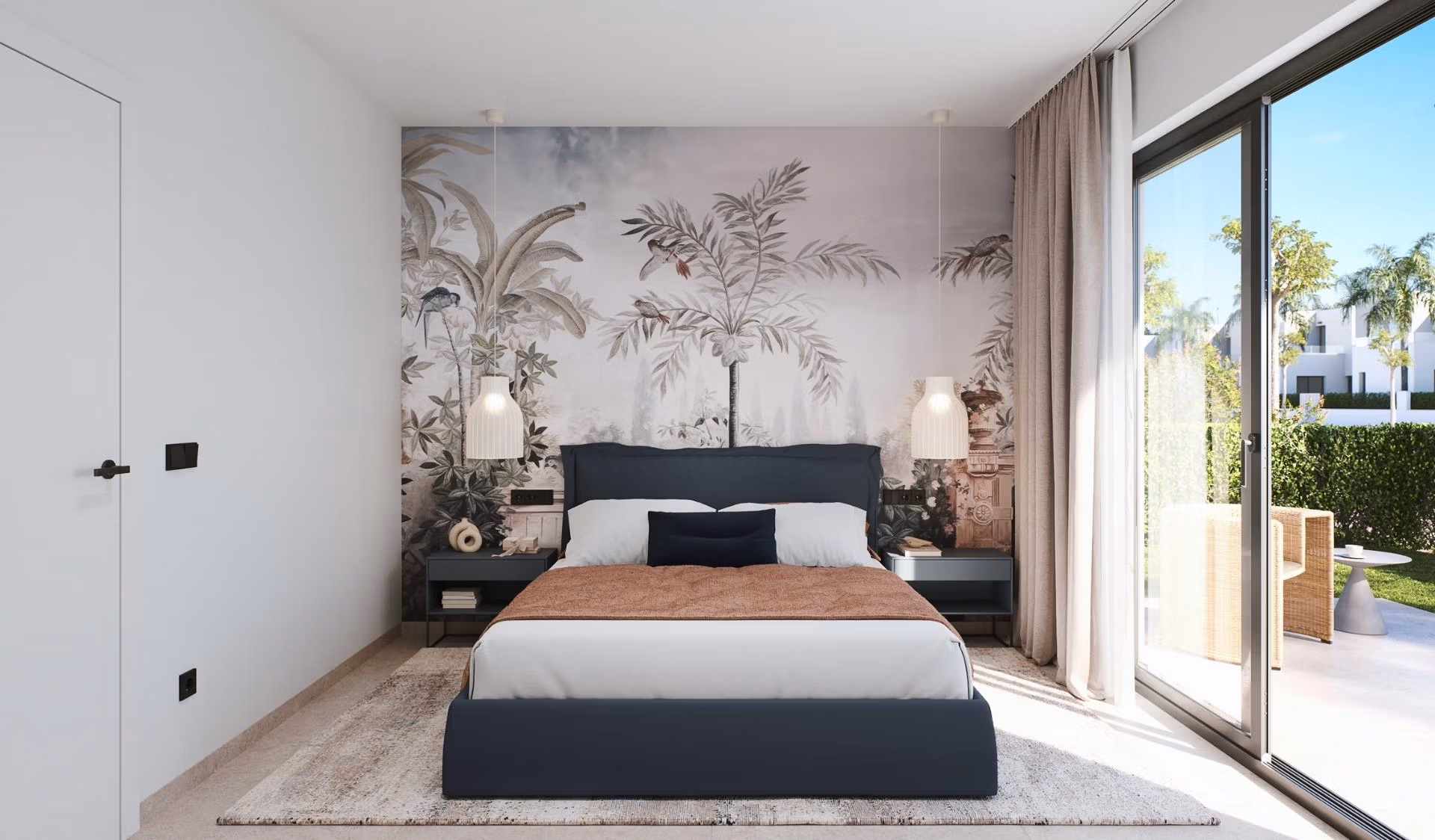 NEW-BUILD-RESIDENTIAL-IN-PRIVATE-GATED-RESORT-IN-PROVINCE-OF-MURCIA-10 Bright and elegant bedroom in a 3-bedroom penthouse at Santa Rosalía Lake and Life Resort with garden views and modern decor.
