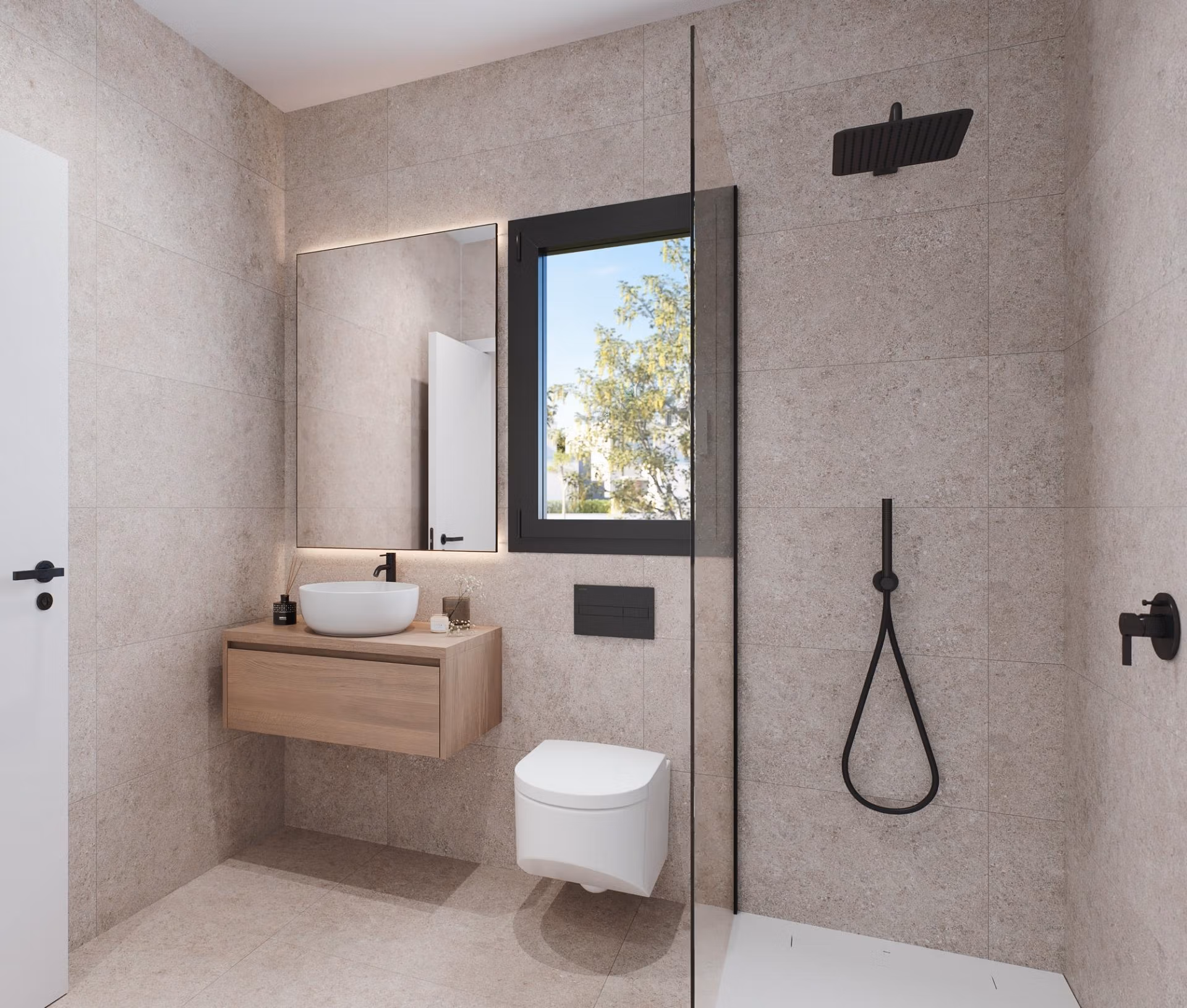 NEW-BUILD-RESIDENTIAL-IN-PRIVATE-GATED-RESORT-IN-PROVINCE-OF-MURCIA-11 Modern, elegant bathroom with matte black fixtures and natural light in 3 Bedroom Penthouse at Santa Rosalía Lake and Life Resort