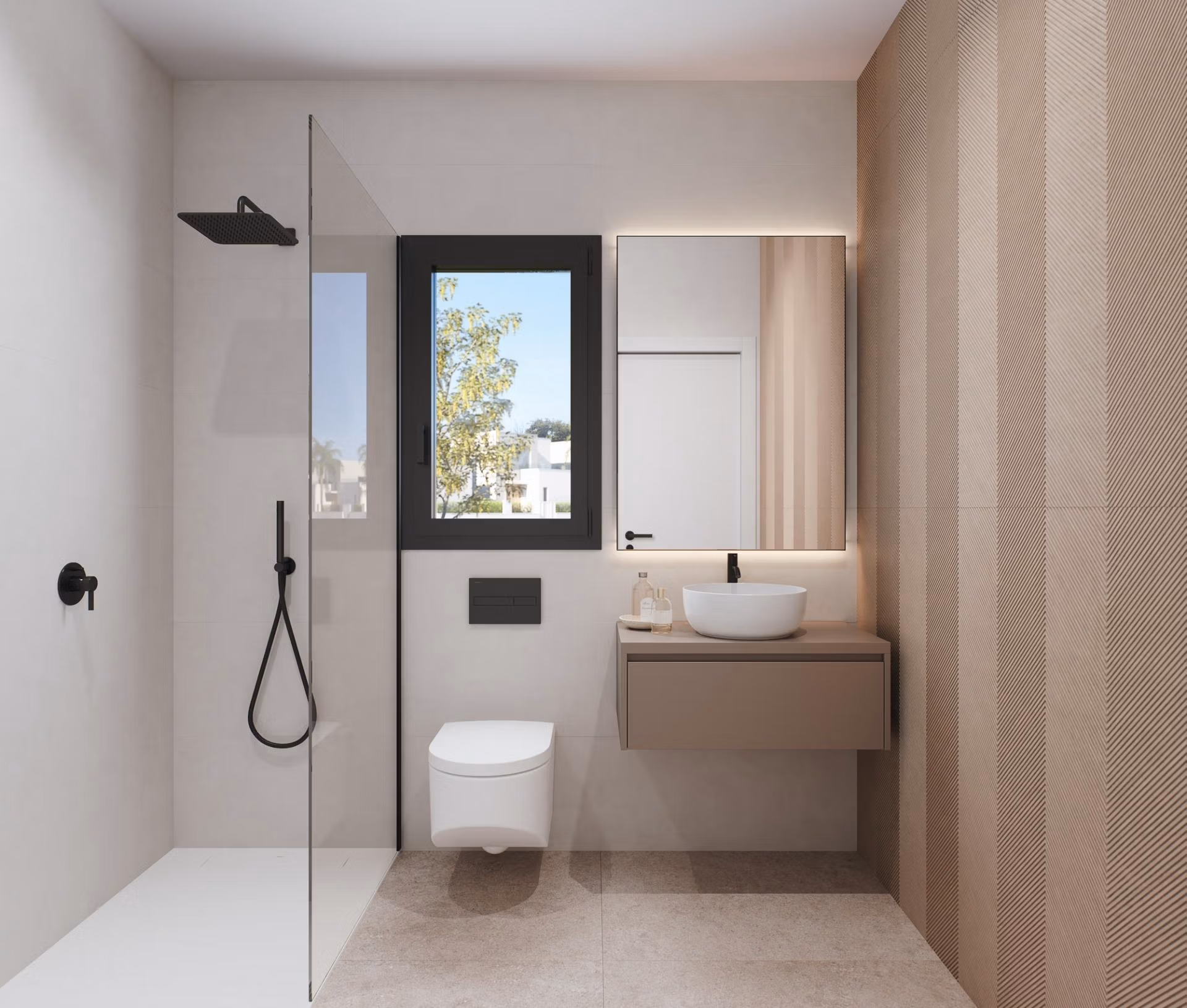 NEW-BUILD-RESIDENTIAL-IN-PRIVATE-GATED-RESORT-IN-PROVINCE-OF-MURCIA-12 Bright modern bathroom with sleek fixtures and natural light in a luxury 3-bedroom penthouse at Santa Rosalía Lake and Life Resort.
