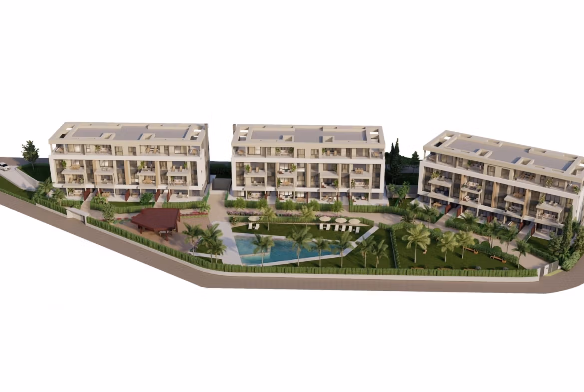 Modern luxury penthouse complex with landscaped gardens, pool, and spacious terraces at Santa Rosalía Lake and Life Resort