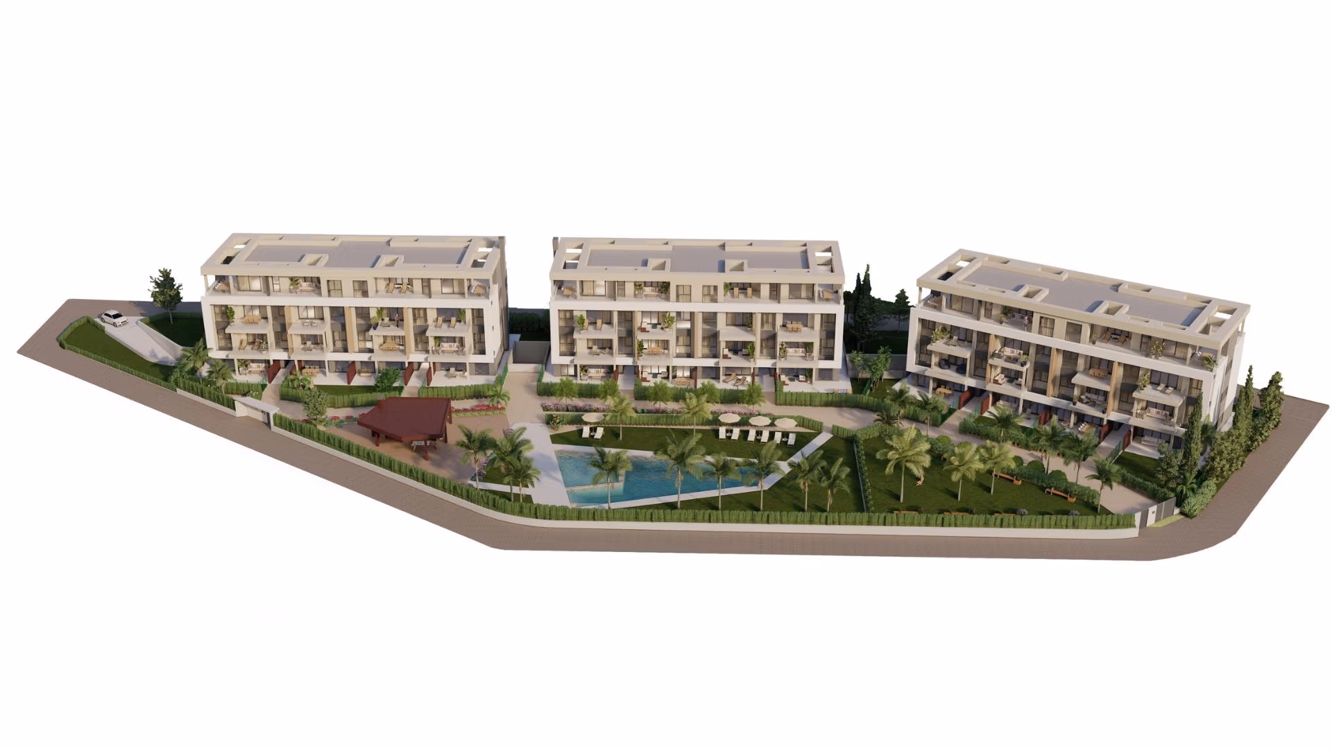 NEW-BUILD-RESIDENTIAL-IN-PRIVATE-GATED-RESORT-IN-PROVINCE-OF-MURCIA-13 Modern luxury penthouse complex with landscaped gardens, pool, and spacious terraces at Santa Rosalía Lake and Life Resort