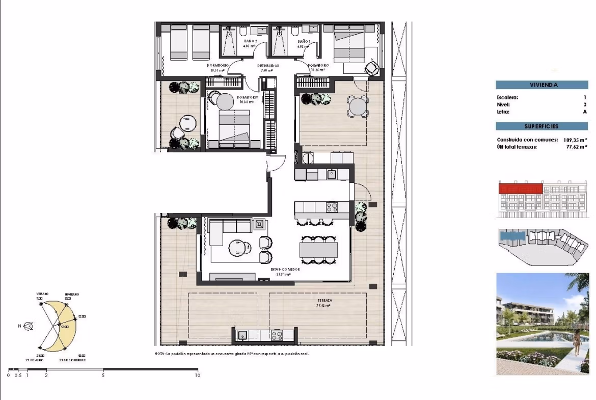 Spacious 3-bedroom penthouse floor plan with expansive terrace and solarium at Santa Rosalía Lake and Life Resort.
