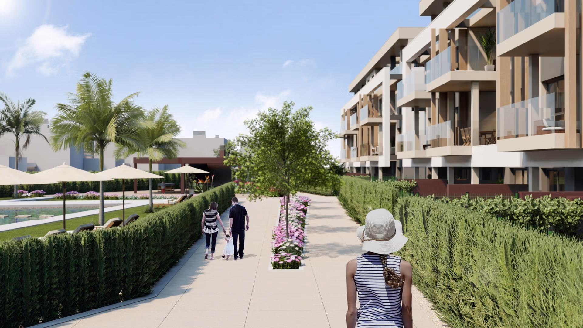 NEW-BUILD-RESIDENTIAL-IN-PRIVATE-GATED-RESORT-IN-PROVINCE-OF-MURCIA-5 Lush landscaped walkway beside modern Santa Rosalía Lake and Life Resort penthouse with vibrant greenery and serene outdoor spaces.